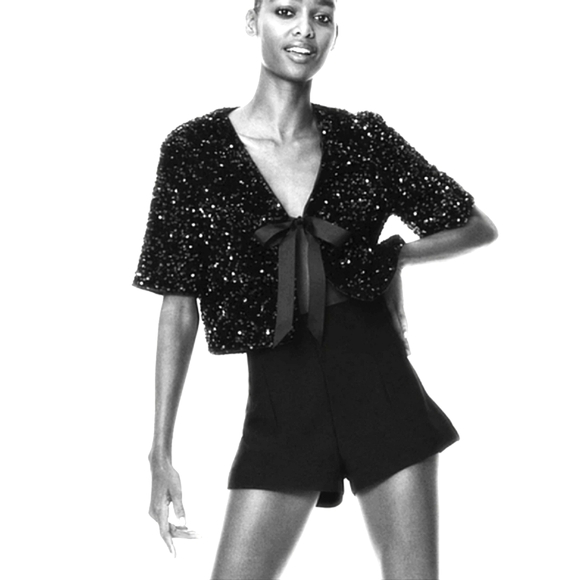 H&M Viral Black Sequin Ribbon Bow Cardigan Blouse Size S M L NWT - Picture 13 of 13